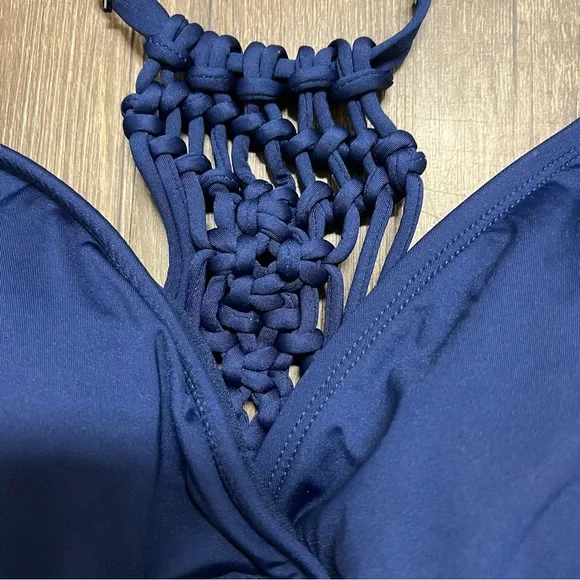 Jantzen Navy Blue Macrame Strappy Back One Piece Ruched Bathing Suit Swim M - Picture 5 of 14
